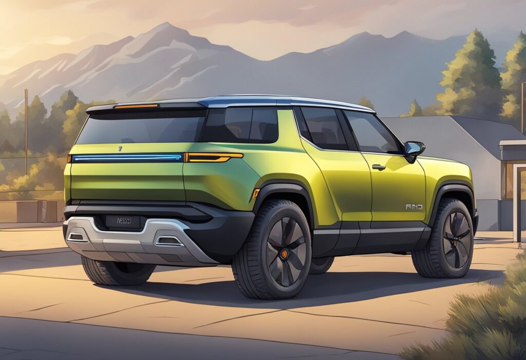 Rivian R1T Image with mountains in the background.