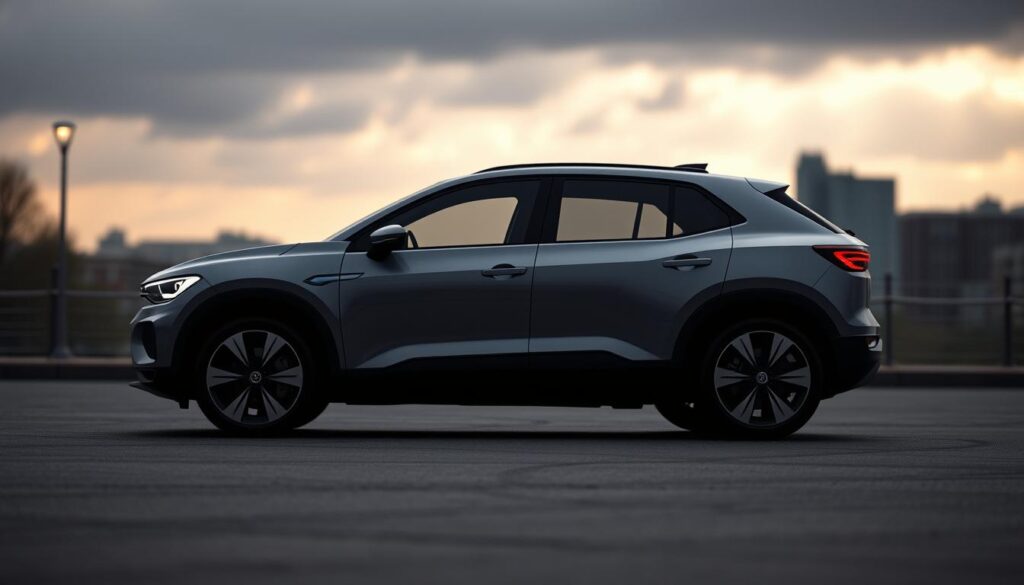 A realistic 3D rendering of a 2025 Volkswagen ID.4 electric SUV, shot in a moody, overcast lighting with a shallow depth of field. The car is positioned in the foreground, slightly angled to the left, with a blurred urban landscape in the background. The car's exterior showcases its distinctive design elements, including the sleek, aerodynamic body and the illuminated Volkswagen logo. The scene conveys a sense of the car's depreciation, with a focus on the vehicle's condition and market value rather than its technical specifications or performance. A realistic 3D rendering of a 2025 Volkswagen ID.4 electric SUV, shot in a moody, overcast lighting with a shallow depth of field. The car is positioned in the foreground, slightly angled to the left, with a blurred urban landscape in the background. The car's exterior showcases its distinctive design elements, including the sleek, aerodynamic body and the illuminated Volkswagen logo. The scene conveys a sense of the car's depreciation, with a focus on the vehicle's condition and market value rather than its technical specifications or performance.