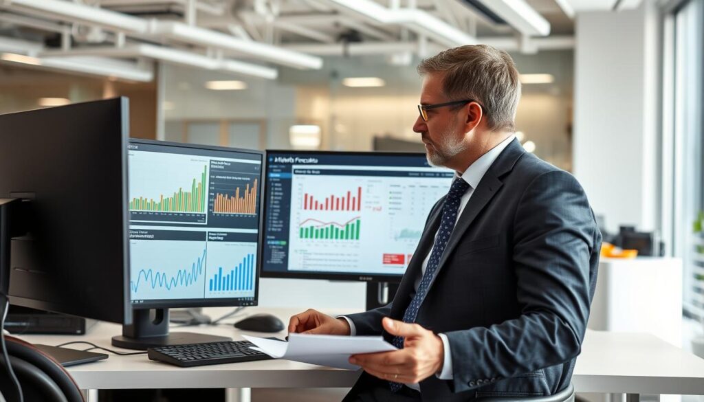 Automotive industry expert analyzing EV depreciation data on computer screens Automotive industry expert analyzing EV depreciation data on computer screens