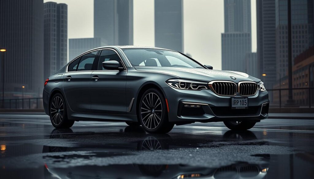 Photorealistic rendering of a BMW i5 eDrive sedan in a dimly lit urban setting, showcasing its depreciation over the past 12 months. The car is parked on a rain-soaked street, its once-gleaming paint now dulled and chipped, the chrome accents tarnished. The background features a cityscape of towering skyscrapers, their reflections distorted in the puddles on the asphalt. Soft, muted lighting casts long shadows, creating a melancholic atmosphere that reflects the car's decline in value. The scene is captured from a low angle, emphasizing the i5's imposing presence and the sense of its fading glory. Photorealistic rendering of a BMW i5 eDrive sedan in a dimly lit urban setting, showcasing its depreciation over the past 12 months. The car is parked on a rain-soaked street, its once-gleaming paint now dulled and chipped, the chrome accents tarnished. The background features a cityscape of towering skyscrapers, their reflections distorted in the puddles on the asphalt. Soft, muted lighting casts long shadows, creating a melancholic atmosphere that reflects the car's decline in value. The scene is captured from a low angle, emphasizing the i5's imposing presence and the sense of its fading glory.