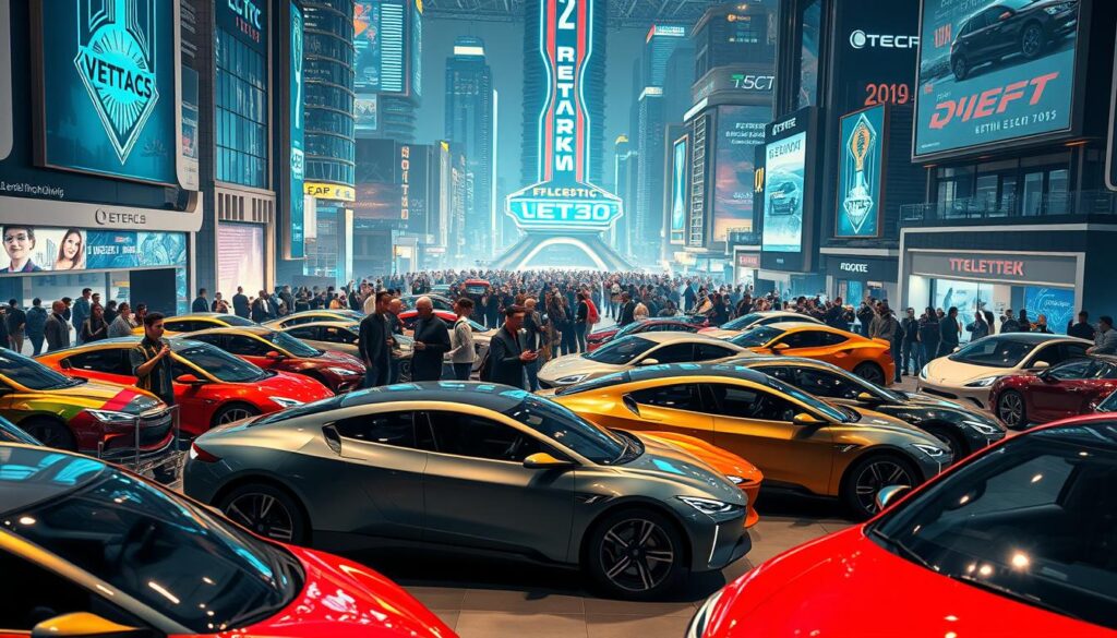 A bustling, futuristic marketplace in 2025, showcasing the latest advancements in electric vehicle technology. In the foreground, an array of sleek, stylized EV models are displayed, their vibrant colors and dynamic shapes capturing the attention of prospective buyers. In the middle ground, a diverse crowd of customers examines the vehicles, their expressions a mix of awe and excitement. The background is filled with towering, high-tech buildings, their facades adorned with holographic displays and neon signage, creating an immersive, technologically advanced environment. Soft, diffused lighting illuminates the scene, evoking a sense of optimism and progress. The overall atmosphere conveys the rapid growth and widespread adoption of electric vehicles in the global market. A bustling, futuristic marketplace in 2025, showcasing the latest advancements in electric vehicle technology. In the foreground, an array of sleek, stylized EV models are displayed, their vibrant colors and dynamic shapes capturing the attention of prospective buyers. In the middle ground, a diverse crowd of customers examines the vehicles, their expressions a mix of awe and excitement. The background is filled with towering, high-tech buildings, their facades adorned with holographic displays and neon signage, creating an immersive, technologically advanced environment. Soft, diffused lighting illuminates the scene, evoking a sense of optimism and progress. The overall atmosphere conveys the rapid growth and widespread adoption of electric vehicles in the global market.