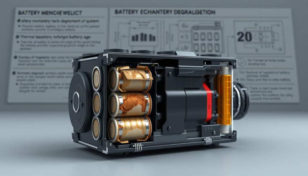 A detailed cross-sectional view of an electric vehicle battery pack, showcasing the internal components and the degradation process. The foreground features a partially disassembled battery module, exposing the individual cells and the degradation patterns, such as swelling, discoloration, and physical deformation. The middle ground depicts the battery management system and thermal management components, highlighting their role in monitoring and mitigating battery degradation. The background presents a technical schematic or diagram, providing additional context and technical information about the factors contributing to battery degradation in electric vehicles, such as age, usage patterns, and environmental conditions. The overall scene is rendered in a muted, technical color palette, with precise lighting and camera angles to emphasize the engineering and scientific nature of the subject matter. A detailed cross-sectional view of an electric vehicle battery pack, showcasing the internal components and the degradation process. The foreground features a partially disassembled battery module, exposing the individual cells and the degradation patterns, such as swelling, discoloration, and physical deformation. The middle ground depicts the battery management system and thermal management components, highlighting their role in monitoring and mitigating battery degradation. The background presents a technical schematic or diagram, providing additional context and technical information about the factors contributing to battery degradation in electric vehicles, such as age, usage patterns, and environmental conditions. The overall scene is rendered in a muted, technical color palette, with precise lighting and camera angles to emphasize the engineering and scientific nature of the subject matter.