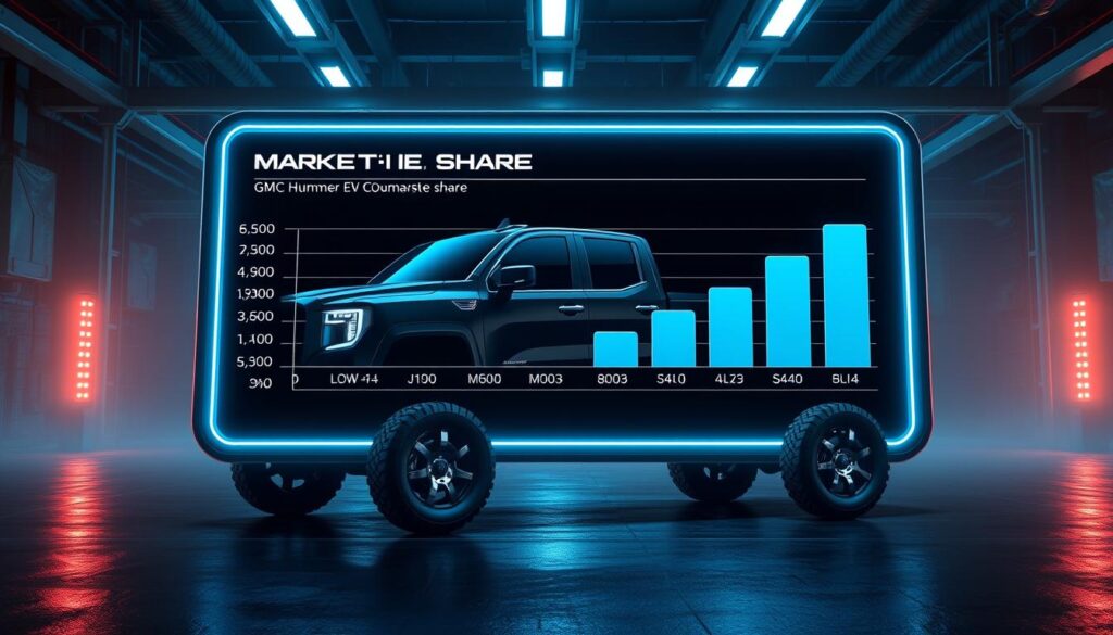 A detailed, high-resolution, 3D illustration of an electric truck market share comparison chart. The chart is displayed on a large, futuristic-looking digital display panel in the foreground, set against a dimly lit, industrial-style background. The chart shows the relative market share of various electric truck models, with the GMC Hummer EV prominently displayed and highlighted. The lighting is dramatic, with cool-toned, high-contrast shadows and highlights that accentuate the sleek, modern design of the display panel. The overall atmosphere is one of technological sophistication and authoritative market analysis. A detailed, high-resolution, 3D illustration of an electric truck market share comparison chart. The chart is displayed on a large, futuristic-looking digital display panel in the foreground, set against a dimly lit, industrial-style background. The chart shows the relative market share of various electric truck models, with the GMC Hummer EV prominently displayed and highlighted. The lighting is dramatic, with cool-toned, high-contrast shadows and highlights that accentuate the sleek, modern design of the display panel. The overall atmosphere is one of technological sophistication and authoritative market analysis.