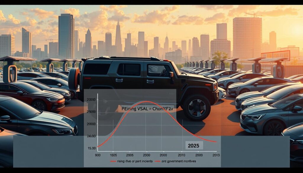A dynamic cityscape with a bustling electric vehicle (EV) market, where the imposing silhouette of a GMC Hummer EV stands out amidst the sleek, futuristic models. In the foreground, a detailed illustration showcases the Hummer's depreciation curve, visualizing the factors that influence its resale value in 2025 - rising fuel prices, government incentives, and consumer preferences shifting towards smaller, more efficient EVs. The middle ground features a mix of traditional and autonomous vehicles, reflecting the rapid technological advancements transforming the industry. The background paints a vibrant scene of charging stations, solar-powered buildings, and a skyline that conveys a sense of progress and sustainability. Lighting is warm and inviting, creating a sense of optimism and growth in the EV market. A dynamic cityscape with a bustling electric vehicle (EV) market, where the imposing silhouette of a GMC Hummer EV stands out amidst the sleek, futuristic models. In the foreground, a detailed illustration showcases the Hummer's depreciation curve, visualizing the factors that influence its resale value in 2025 - rising fuel prices, government incentives, and consumer preferences shifting towards smaller, more efficient EVs. The middle ground features a mix of traditional and autonomous vehicles, reflecting the rapid technological advancements transforming the industry. The background paints a vibrant scene of charging stations, solar-powered buildings, and a skyline that conveys a sense of progress and sustainability. Lighting is warm and inviting, creating a sense of optimism and growth in the EV market.