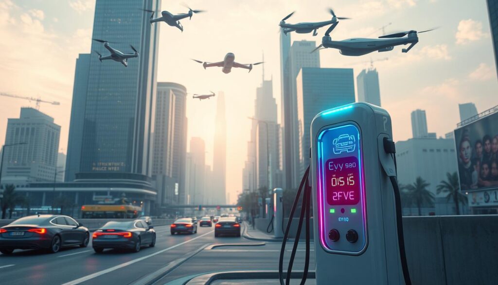A futuristic cityscape bathed in an ethereal glow, with towering skyscrapers and sleek, streamlined electric vehicles gliding silently along the bustling streets. In the foreground, a state-of-the-art EV charging station, its modular design and vibrant LED indicators showcasing the rapid advancements in charging technology. Overhead, a network of aerial drones and autonomous vehicles illustrate the seamless integration of EV systems with smart city infrastructure. The scene conveys a sense of progress, efficiency, and a vision of a sustainable, technologically advanced future for electric mobility. A futuristic cityscape bathed in an ethereal glow, with towering skyscrapers and sleek, streamlined electric vehicles gliding silently along the bustling streets. In the foreground, a state-of-the-art EV charging station, its modular design and vibrant LED indicators showcasing the rapid advancements in charging technology. Overhead, a network of aerial drones and autonomous vehicles illustrate the seamless integration of EV systems with smart city infrastructure. The scene conveys a sense of progress, efficiency, and a vision of a sustainable, technologically advanced future for electric mobility.