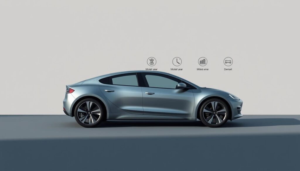 A photorealistic, detailed illustration of the key factors influencing electric vehicle depreciation. Set against a minimalist background, the foreground depicts a metallic EV silhouette fading into the distance, conveying the concept of depreciation. The middle ground showcases a series of infographic-style icons, each representing a specific depreciation factor such as battery degradation, model year, mileage, and market demand. Soft, directional lighting casts long shadows, adding depth and dimensionality. The overall aesthetic is clean, modern, and data-driven, perfectly suited to illustrate the "Introduction to Electric Vehicle Depreciation" section. A photorealistic, detailed illustration of the key factors influencing electric vehicle depreciation. Set against a minimalist background, the foreground depicts a metallic EV silhouette fading into the distance, conveying the concept of depreciation. The middle ground showcases a series of infographic-style icons, each representing a specific depreciation factor such as battery degradation, model year, mileage, and market demand. Soft, directional lighting casts long shadows, adding depth and dimensionality. The overall aesthetic is clean, modern, and data-driven, perfectly suited to illustrate the "Introduction to Electric Vehicle Depreciation" section.