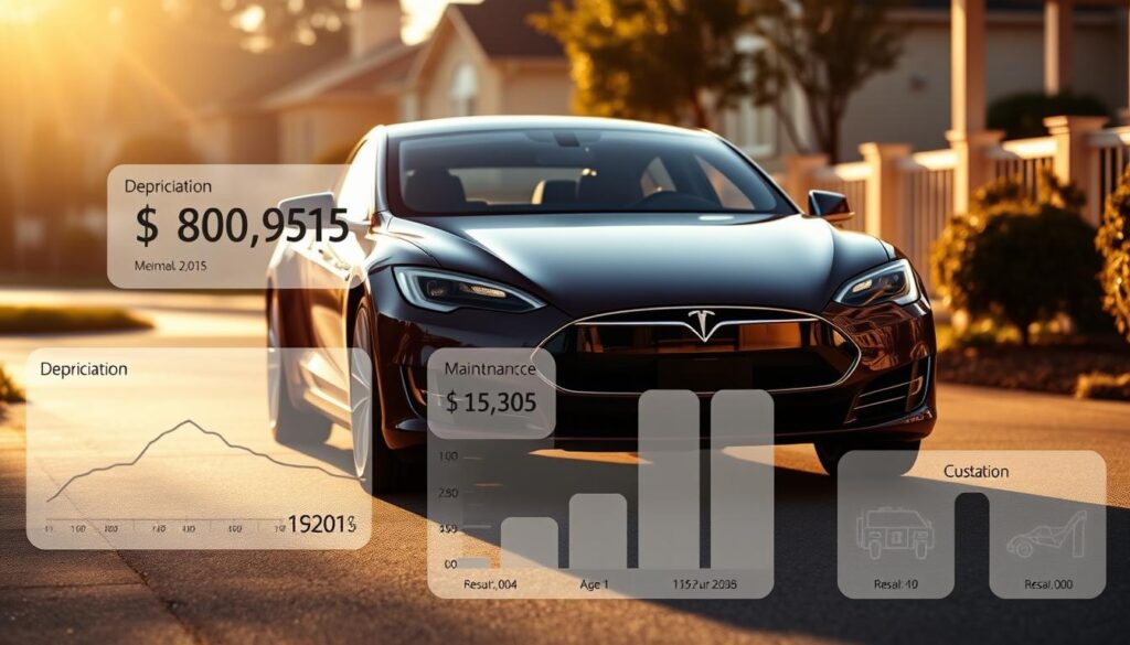 A photorealistic wide-angle shot of a Tesla Model S parked in a driveway, with a clear view of the car's front and side profiles. The image is bathed in warm, afternoon sunlight, casting long shadows and highlighting the sleek, aerodynamic body lines. In the foreground, a set of depreciation-related infographics and charts hover above the car, displaying key factors such as mileage, age, maintenance costs, and resale value. The background is a blurred, suburban neighborhood, suggesting the real-world context in which this vehicle's depreciation would occur. The overall mood is informative and thought-provoking, inviting the viewer to consider the financial implications of owning a Tesla Model S over time. A photorealistic wide-angle shot of a Tesla Model S parked in a driveway, with a clear view of the car's front and side profiles. The image is bathed in warm, afternoon sunlight, casting long shadows and highlighting the sleek, aerodynamic body lines. In the foreground, a set of depreciation-related infographics and charts hover above the car, displaying key factors such as mileage, age, maintenance costs, and resale value. The background is a blurred, suburban neighborhood, suggesting the real-world context in which this vehicle's depreciation would occur. The overall mood is informative and thought-provoking, inviting the viewer to consider the financial implications of owning a Tesla Model S over time.