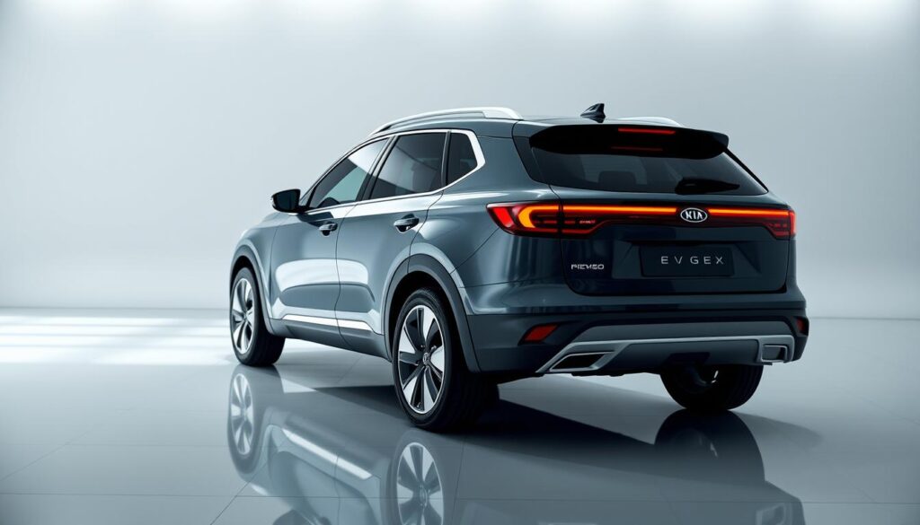 A sleek, modern Kia EV6 electric SUV stands in a well-lit, contemporary showroom. The vehicle's aerodynamic silhouette and distinctive LED lighting elements are captured in crisp detail, showcasing its striking design. The mid-ground features a polished, reflective floor that creates a sense of depth and elegance. In the background, a minimalist backdrop with muted tones complements the vehicle's clean aesthetic, allowing it to be the central focus. The lighting is balanced, with soft, directional illumination that highlights the EV6's sculptural form and premium finishes. The overall mood is one of sophistication and technological prowess, reflecting the vehicle's position as a prominent player in the growing electric SUV market. A sleek, modern Kia EV6 electric SUV stands in a well-lit, contemporary showroom. The vehicle's aerodynamic silhouette and distinctive LED lighting elements are captured in crisp detail, showcasing its striking design. The mid-ground features a polished, reflective floor that creates a sense of depth and elegance. In the background, a minimalist backdrop with muted tones complements the vehicle's clean aesthetic, allowing it to be the central focus. The lighting is balanced, with soft, directional illumination that highlights the EV6's sculptural form and premium finishes. The overall mood is one of sophistication and technological prowess, reflecting the vehicle's position as a prominent player in the growing electric SUV market.