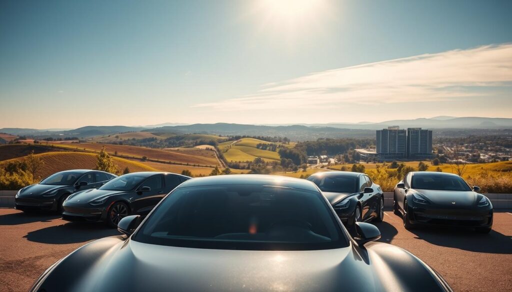 A sunny, expansive outdoor scene showcasing the latest electric vehicles with exceptional value retention. In the foreground, several sleek, futuristic EVs are prominently displayed, their glossy exteriors gleaming under the warm sunlight. In the middle ground, a picturesque landscape unfolds, with rolling hills, lush greenery, and a clear blue sky overhead. The background features a modern, minimalist cityscape, hinting at the urban environments where these high-value EVs will thrive. The lighting is natural and well-balanced, accentuating the clean lines and advanced features of the featured vehicles. The overall atmosphere conveys a sense of modernity, efficiency, and the promise of long-term value in the EV market. A sunny, expansive outdoor scene showcasing the latest electric vehicles with exceptional value retention. In the foreground, several sleek, futuristic EVs are prominently displayed, their glossy exteriors gleaming under the warm sunlight. In the middle ground, a picturesque landscape unfolds, with rolling hills, lush greenery, and a clear blue sky overhead. The background features a modern, minimalist cityscape, hinting at the urban environments where these high-value EVs will thrive. The lighting is natural and well-balanced, accentuating the clean lines and advanced features of the featured vehicles. The overall atmosphere conveys a sense of modernity, efficiency, and the promise of long-term value in the EV market.