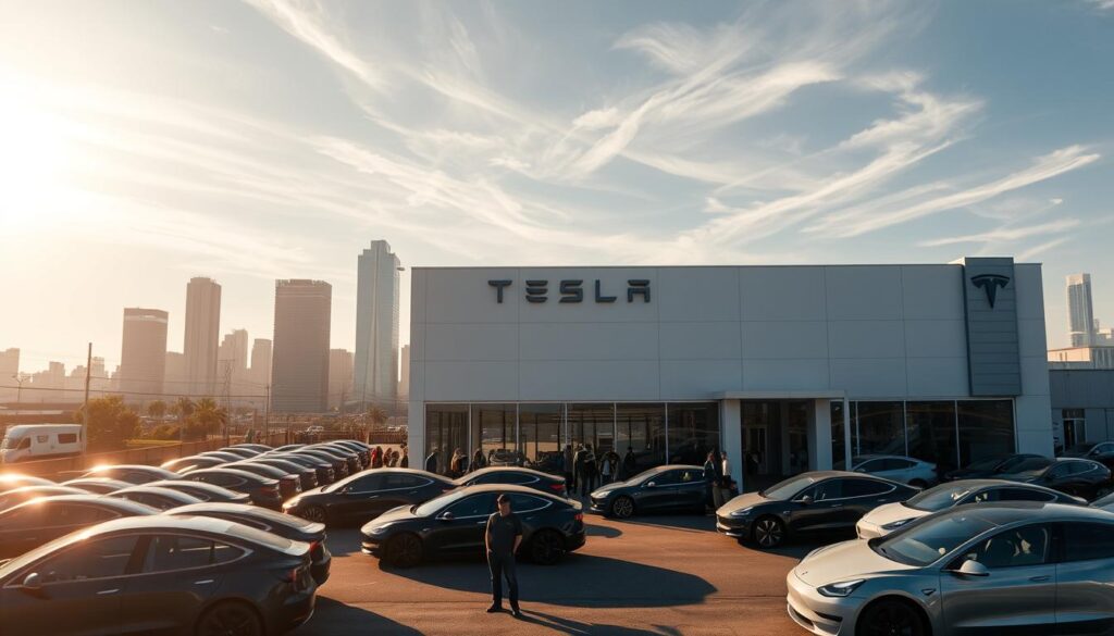 A wide aerial view of a bustling Tesla dealership and service center, set against the backdrop of a modern city skyline. The sleek, aerodynamic silhouettes of Tesla Model 3 sedans line the lot, reflecting the brilliant sunlight. In the foreground, a group of customers eagerly inspect the vehicles, captivated by their cutting-edge design and advanced features. The building's facade is adorned with the iconic Tesla logo, prominently displayed to solidify the brand's dominance in the US electric vehicle market. Wispy clouds drift overhead, creating a sense of tranquility and progress, perfectly encapsulating the Tesla Model 3's stronghold in the American automotive landscape. A wide aerial view of a bustling Tesla dealership and service center, set against the backdrop of a modern city skyline. The sleek, aerodynamic silhouettes of Tesla Model 3 sedans line the lot, reflecting the brilliant sunlight. In the foreground, a group of customers eagerly inspect the vehicles, captivated by their cutting-edge design and advanced features. The building's facade is adorned with the iconic Tesla logo, prominently displayed to solidify the brand's dominance in the US electric vehicle market. Wispy clouds drift overhead, creating a sense of tranquility and progress, perfectly encapsulating the Tesla Model 3's stronghold in the American automotive landscape.