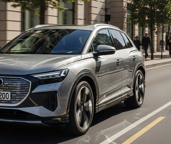 Audi Q4 e-tron driving through a city
