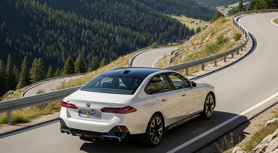 BMW i5 eDrive40 on a mountain road