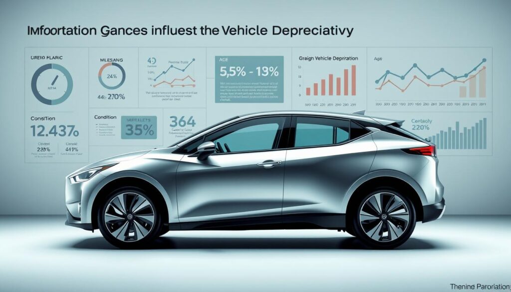 Detailed technical illustration of key vehicle depreciation factors, rendered with high-quality photorealistic lighting and cinematic camera angles. Foreground depicts a sleek, metallic Nissan Ariya electric vehicle, showcasing its clean lines and modern styling. Middle ground highlights various depreciation metrics such as mileage, age, condition, and market trends, visualized through intuitive infographics and charts. Backdrop features a minimalist, studio-style environment with cool, neutral tones to maintain focus on the subject matter. Overall, the scene conveys a sense of analytical clarity and technical sophistication, perfectly suited Detailed technical illustration of key vehicle depreciation factors, rendered with high-quality photorealistic lighting and cinematic camera angles. Foreground depicts a sleek, metallic Nissan Ariya electric vehicle, showcasing its clean lines and modern styling. Middle ground highlights various depreciation metrics such as mileage, age, condition, and market trends, visualized through intuitive infographics and charts. Backdrop features a minimalist, studio-style environment with cool, neutral tones to maintain focus on the subject matter. Overall, the scene conveys a sense of analytical clarity and technical sophistication, perfectly suited