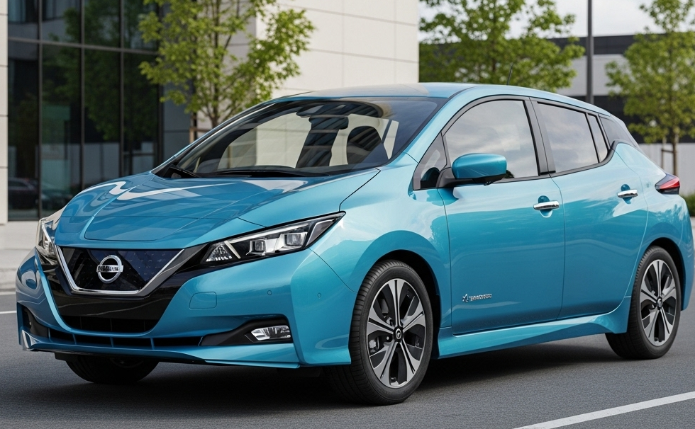 Blue Nissan Leaf on side of the road